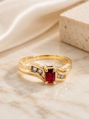 14kt Small Emerald Cut Ruby & Diamond Ring
